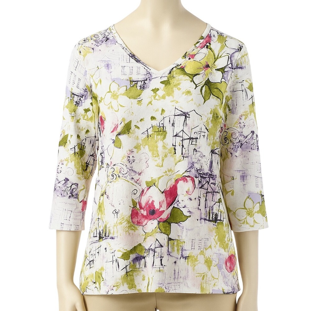 Additions by Chicos Shirt Floral Print Top 3/4 Sleeve Vintage White Multi Large